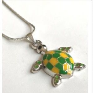 Sea Turtle Necklace Yellow Green Sea Life Island Nautical Silver Plated Pendant